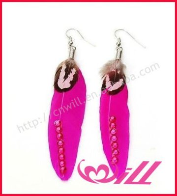 Beautiful Hot Pink Feather Earrings With Crystal