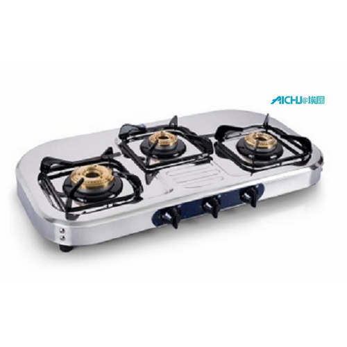 SS Natural Polish Gas Stove 3 Brass Burners