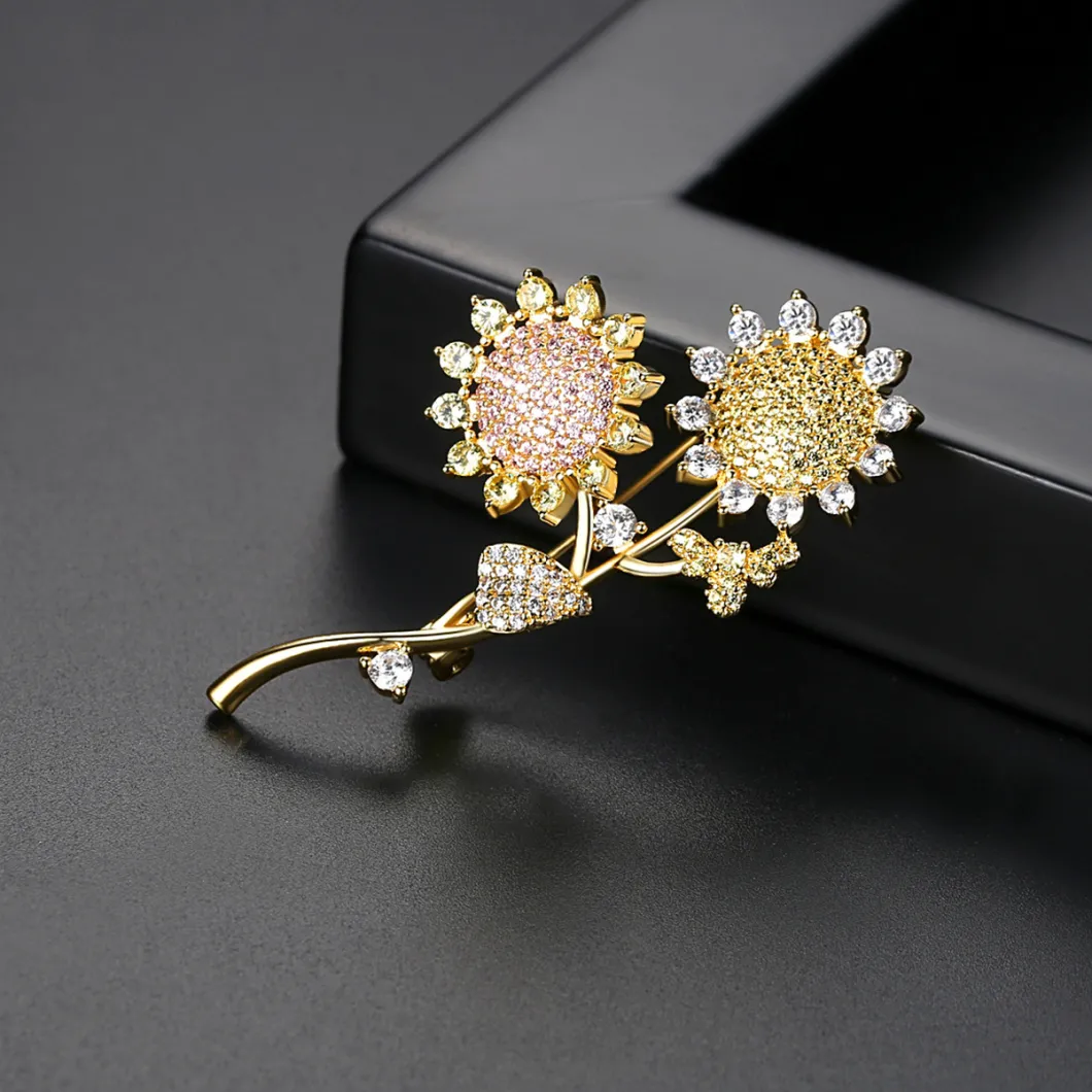 Elegant Jewelry Accessories Sun Flower Gold Plated Colorful CZ Brooch