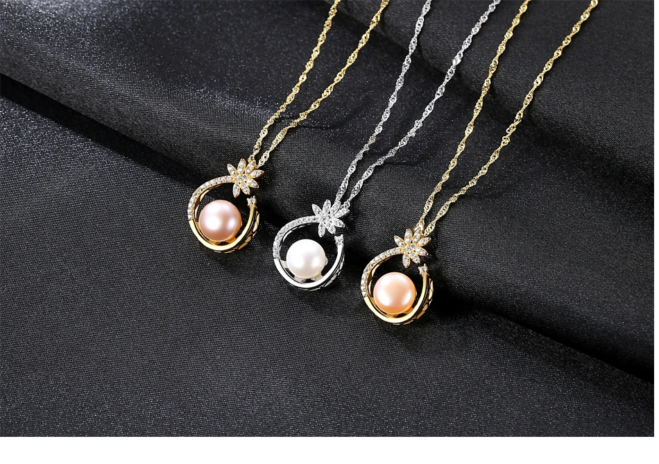 S925 Silver Fancy Semicircle Flower Freshwater Pearl Pendant Necklaces