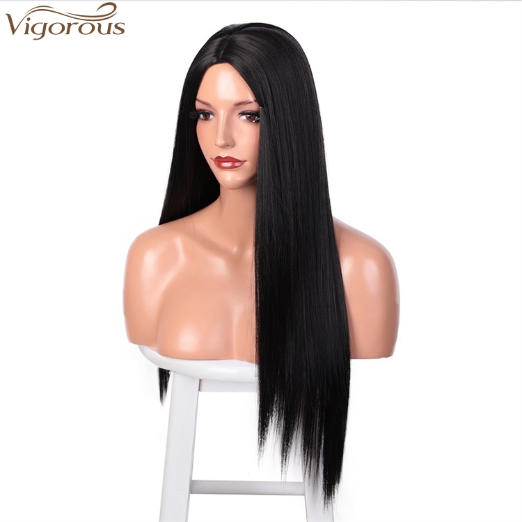 Vigorous High Temperature Middle Part Wigs For White Women Long Silky Straight Black Wigs Synthetic Wigs Wholesale Price