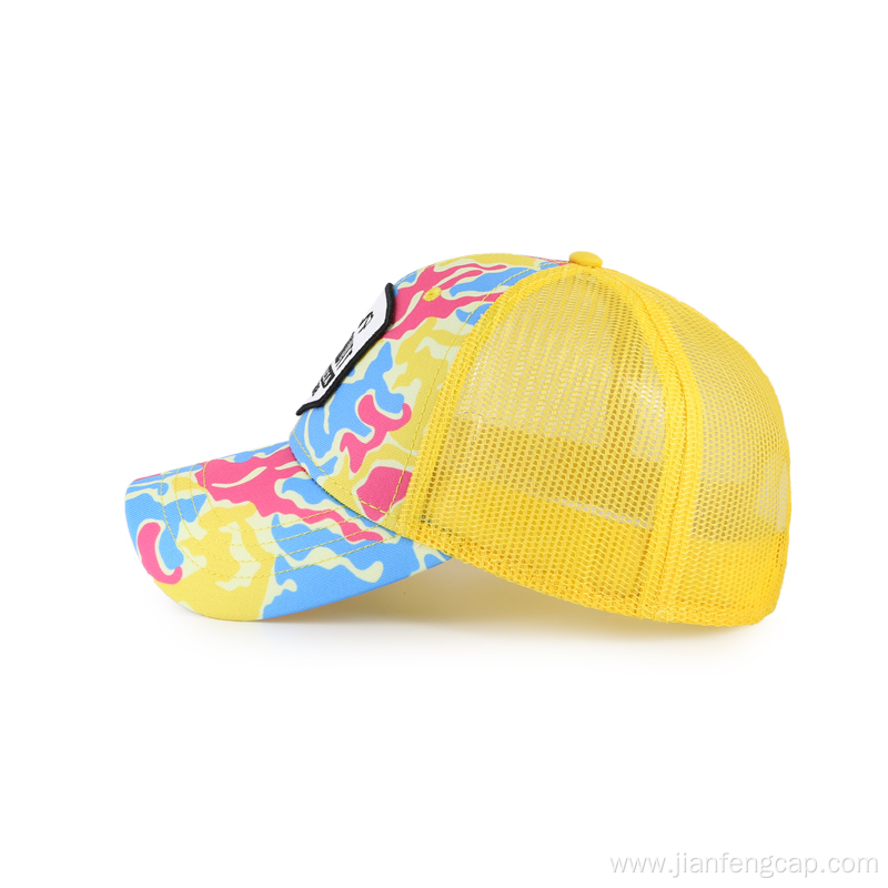 Colorful print trucker cap with woven label