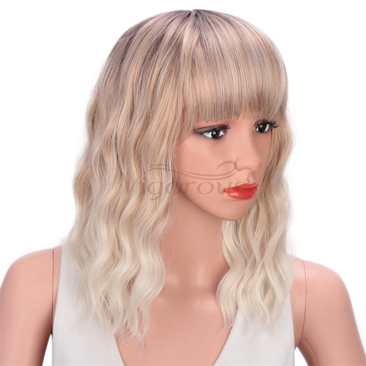 Vigorous Wavy Short Bob with Air Bangs Shoulder Length Curly Synthetic Cosplay Ombre Blonde Bob Wig for Girl