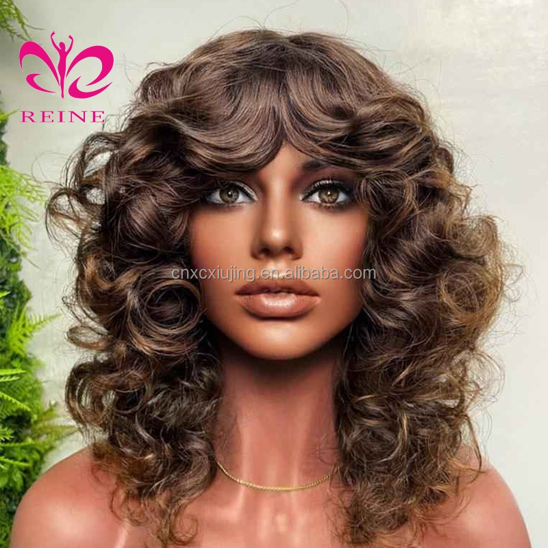 99J Short Bob Curly Wig for Women Burgundy Colored Bouncy Curly Human Hair Wigs with Bangs Full Machine Made Brazilian Remy Hair