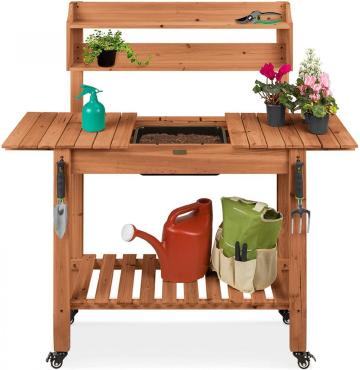 Brown Stain Finish Outdoor Mobile Garden Potting Bench