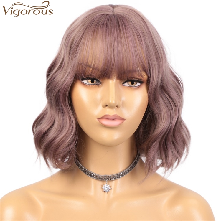 Vigorous Good Quality Synthetic Short Wavy Wigs Short Bob Purple Mixed Pink Wig With Neat Bangs Heat Resistant Wholesale Price