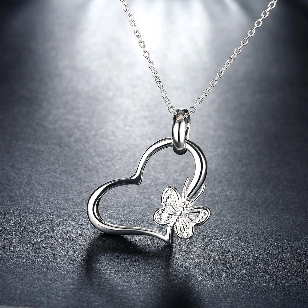 High Quality Pure Fashion Popular Beautiful Butterfly Heart Pendant Simple Silver Jewelry Necklace