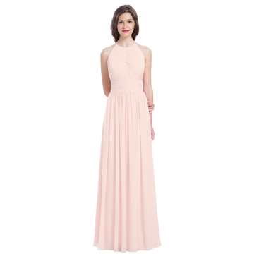 Pink Casual Long Dress Chiffon New Style High Neck Sleeveless Gown Backless Bridesmaid Dress