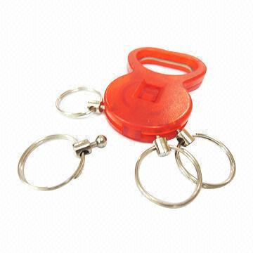 Plastic colors bottle opener key chain with several metal rings