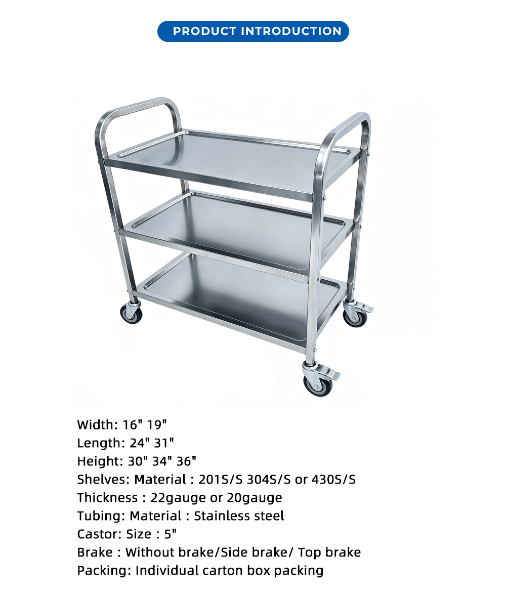 عربة دوارة من الفولاذ المقاوم للصدأ بثلاث طبقات مع X مزدوج Stainless Steel 3-Tier Rolling Cart with Dual X