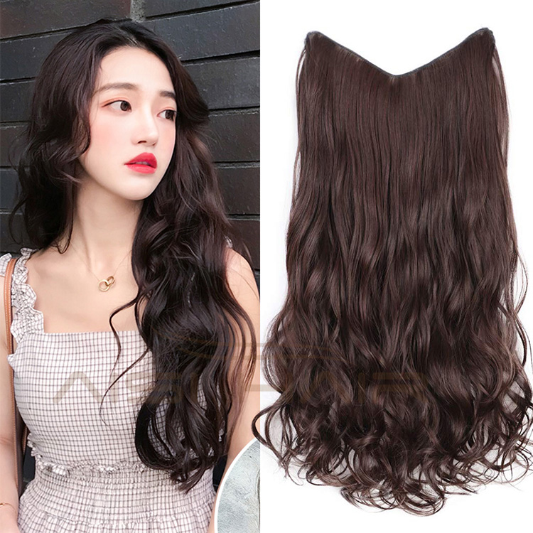 Aisi Hair 4 Clips Long Wavy Synthetic Hair Extensions Clips in High Temperature Fiber Brown Hairpiece for Women