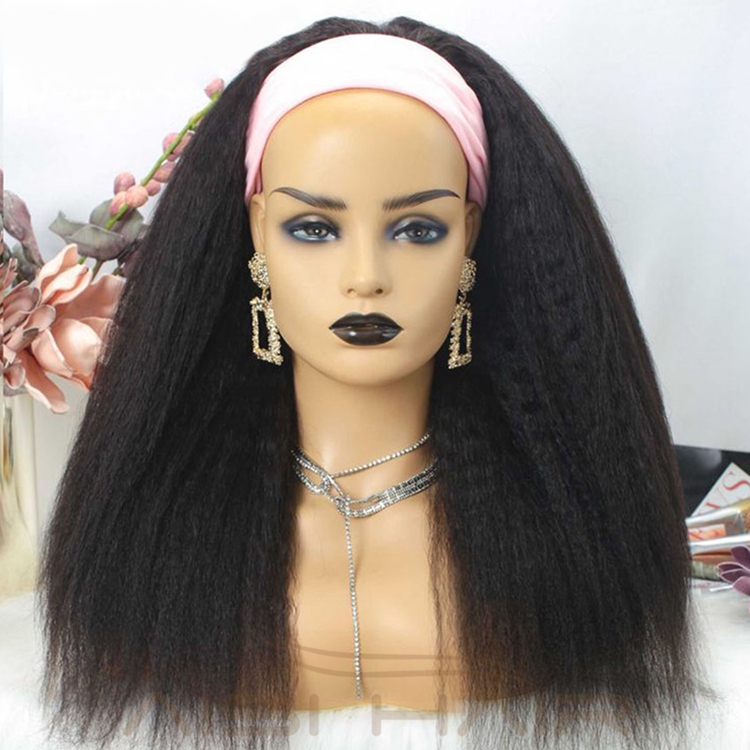 Cheap Wholesale Yaki Long Kinky Straight Headband Wig Raw Braillian Human Hair Curly Black Color For Black Women