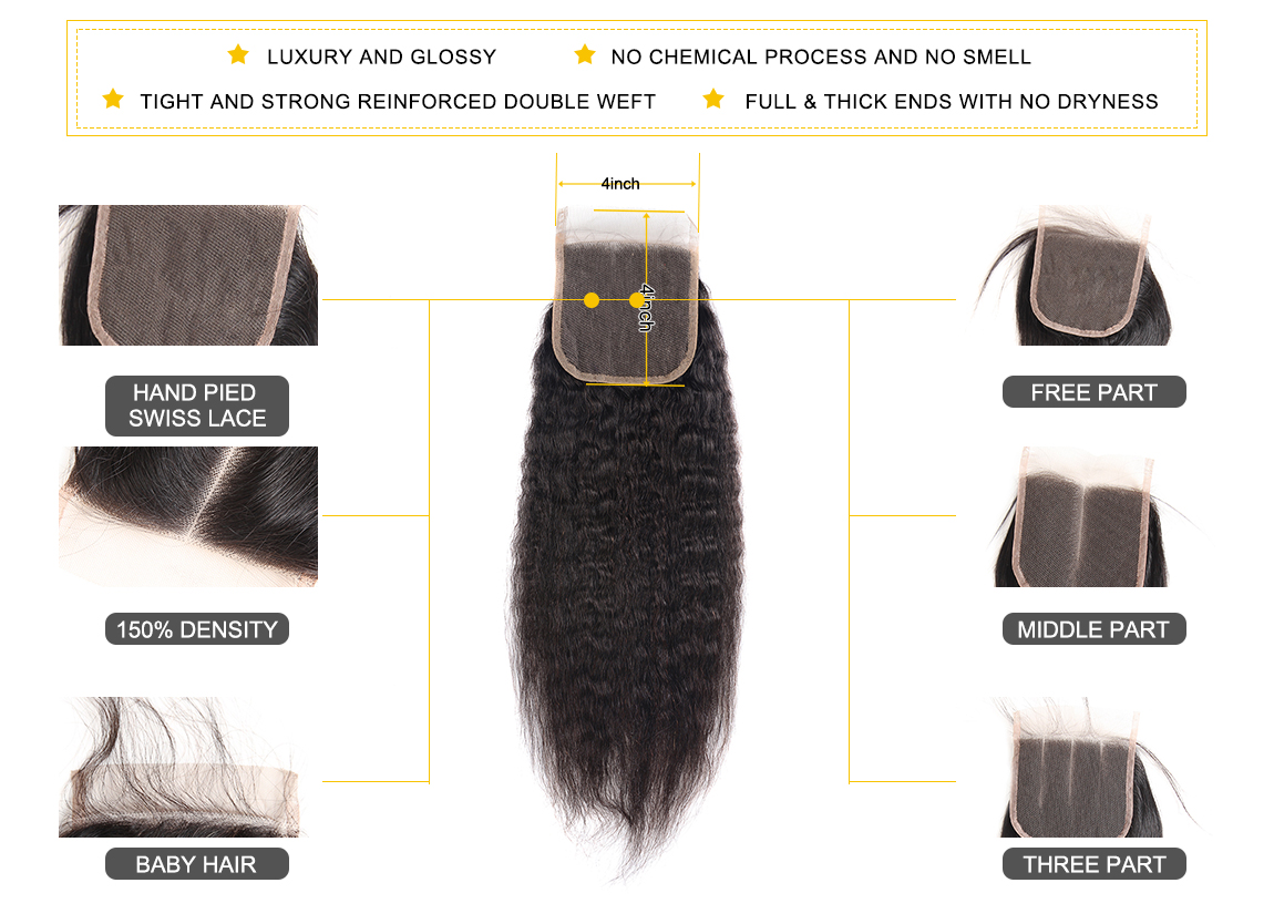 Huashuo Highest Discounts Brazilian Kinky Straight Hair Bundles With Closure100% YAki Virgin Human Hair Extensions Lace Closure