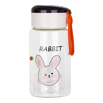 Cartoon printed 320ml glass water bottle with strap