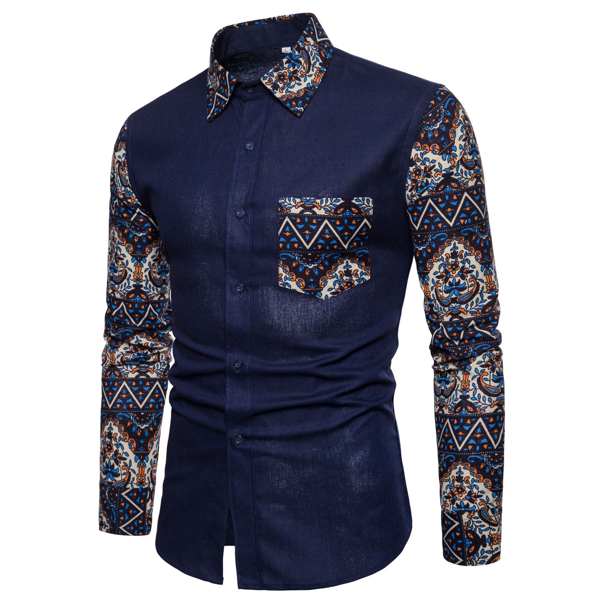 2019 spring and autumn Men's cotton and linen printed long-sleeved shirt men's linen shirt