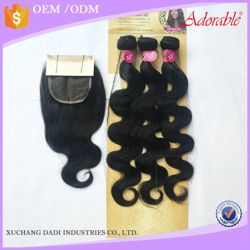 Hot Sale 1 pack 3pcs hair extension and a closure Body Weave 12"-22 Inch Remy Brazilian Human Adorable Hair Extensions