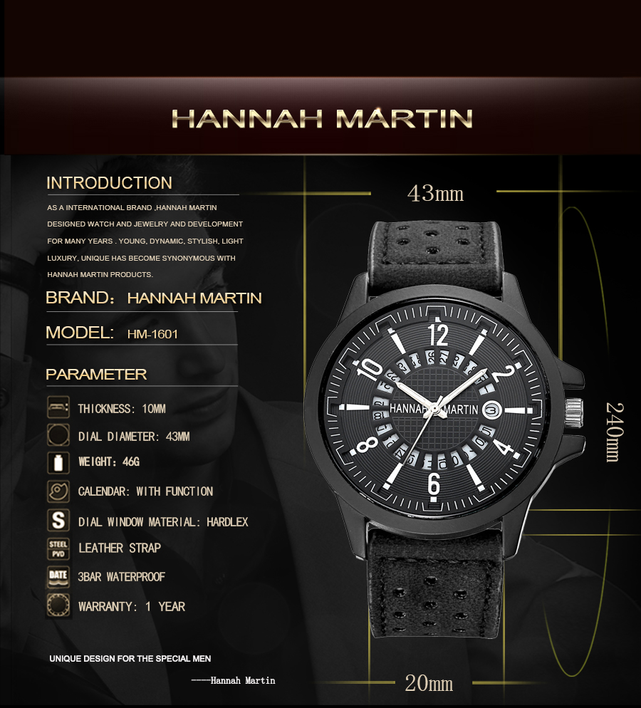 HANNAH MARTIN 1601 Sport man quartz wrist watch chronograph water resistant analog fashion leather men watches