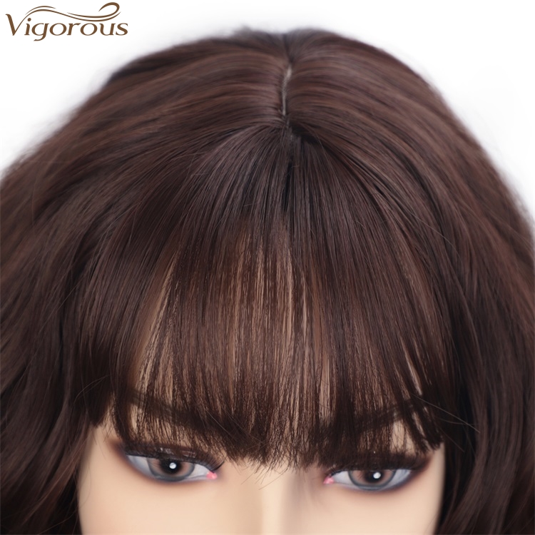 Vigorous High Temperature Daily Use Wigs 14 Inches Short Wavy Synthetic Bob Wigs With Bangs Dark Brown Mix Auburn Color