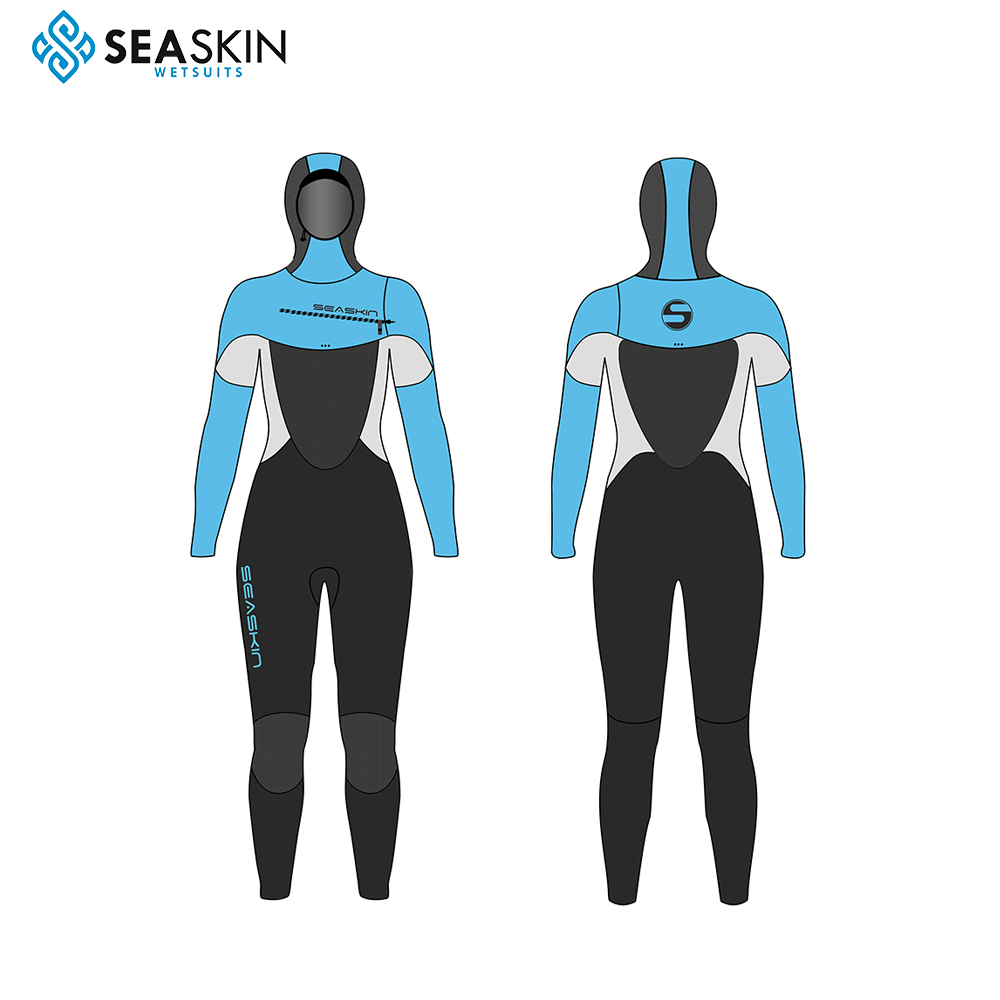 Seasin 5/4mm Women Chest Zip Hooded Lim och Blind Sewing Waterproof Full Suit Wetsuit