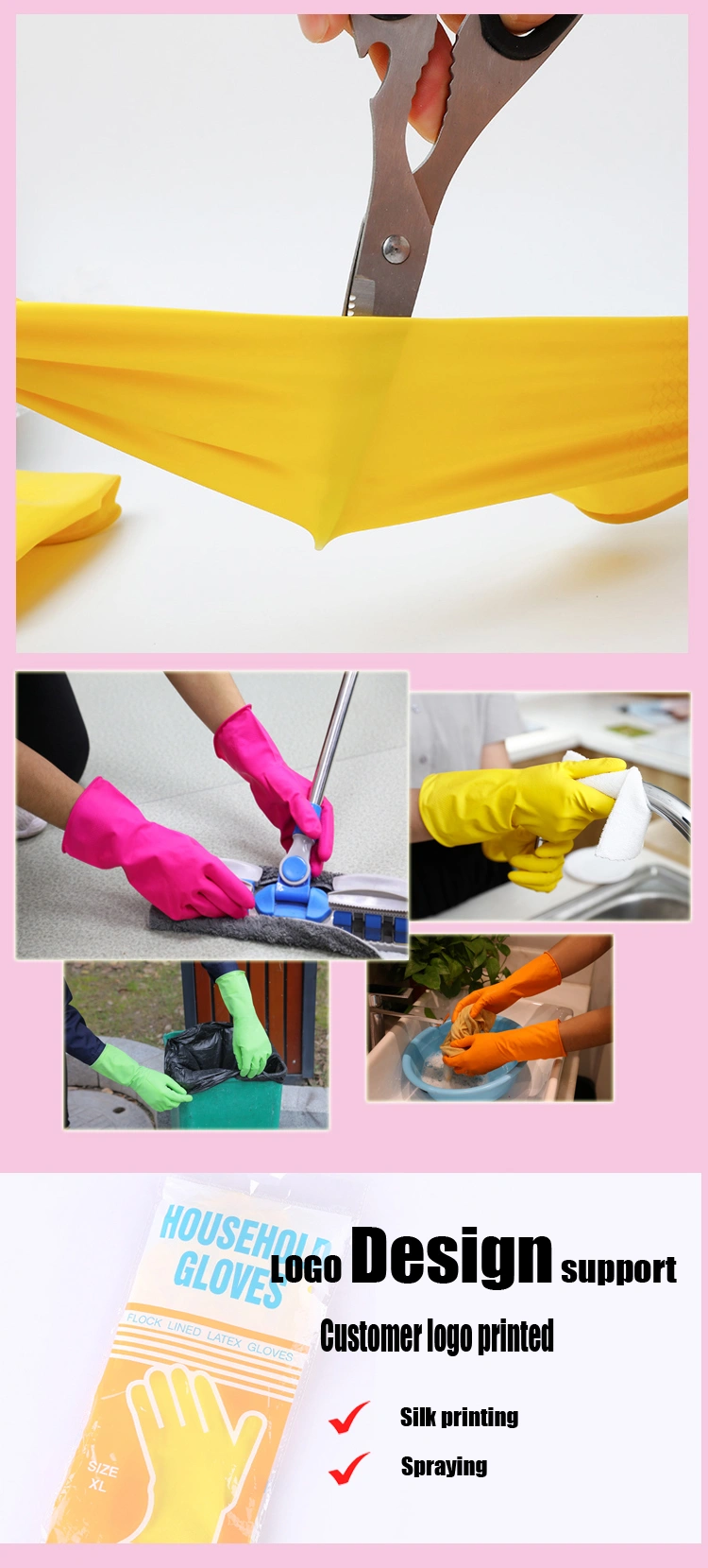 30cm Pink Household Latex Cleaning Gloves for Dish Washing