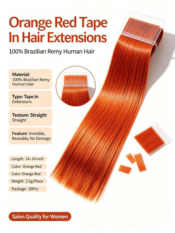 Orange Red Brazilian Remy Human Hair Tape In Extensions For Women