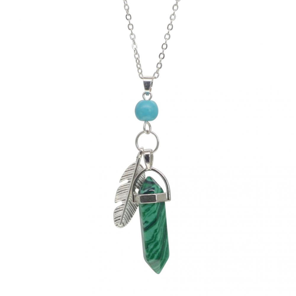 Collier ras du cou pendentif prisme hexachone plume malachite