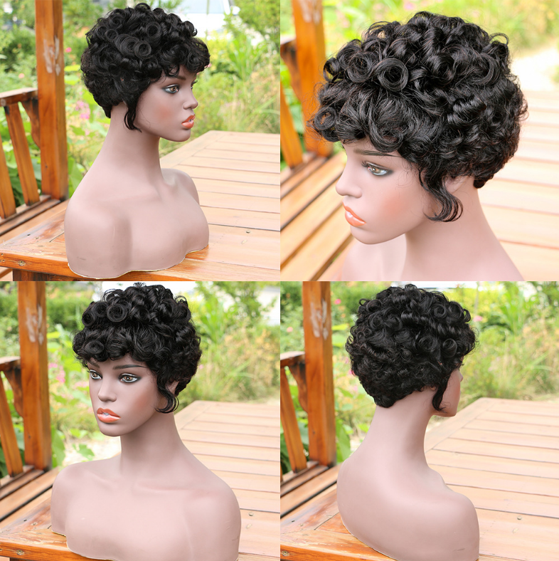 Cheap Short Curly Human Hair Wigs For Females, Non Lace Natural Black Color 100% Curly Brazilian Hair Wigs