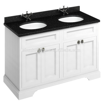 black granite worktop with two integrated white basins,granite vanity top