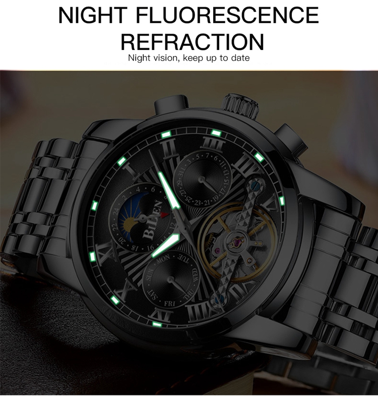 BIDEN 0191 Automatic Mechanical Wrist Men Watch Mens Moon Phase Watch Leather Watches Manufacturing