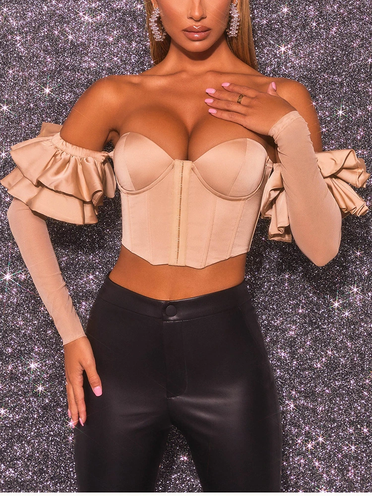 Cheapest Spring Satin off The Shoulder Top Women 2021 Summer Long Sleeve Corset Sexy Crop Fashionable Women Tops