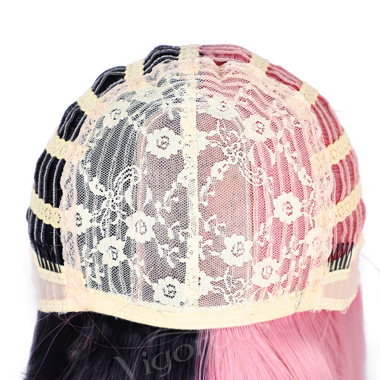 Black And Pink Girl's Colorful Hair Short Straight Wave Wigs With Bangs For Women Synthetic None Lace Bob Wig Shoulder Length