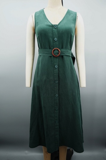 Women Elegant Sleeveless Buckle Belt V-neck Dress