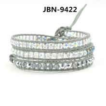Mixed crystal woven Genuine Leather Bracelet Multi Charm Bracelet Grey Leather string beads