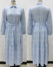 Women's Long Dress with Front Button and Belt in Blue Print
