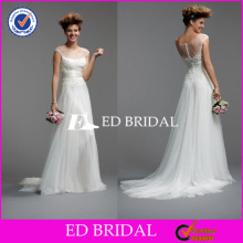 Cap Sleeve Sexy Design See Through Top Satin Sash Tull Long Dress Wedding