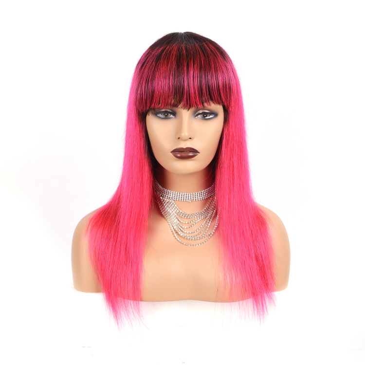 Full Machine Made Wig With Bangs No Lace Human Hair Wigs T1B/Pink Color Straight Human Hair Glueless Wigs