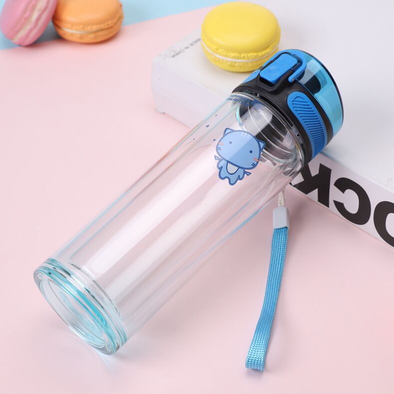 300ml Double Wall Glass Water Frosted Bottle Kids with Flip Top Lid