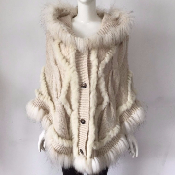 YR385 Fashion Hooded Poncho Mohair Knit with Rabbit Fur Poncho Shawl