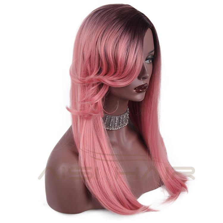 New Style Side Part long Silky Straight Wave Wigs Synthetic Ombre Pink Color Fiber Heat Resistant Wig