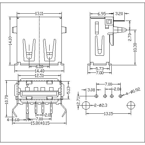 UAFR08 8-USB A Type Receptacle Angle DIP Reverse Type 