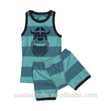 95%cotton 5% spandex Green kid sleeveless vest suit with linear design