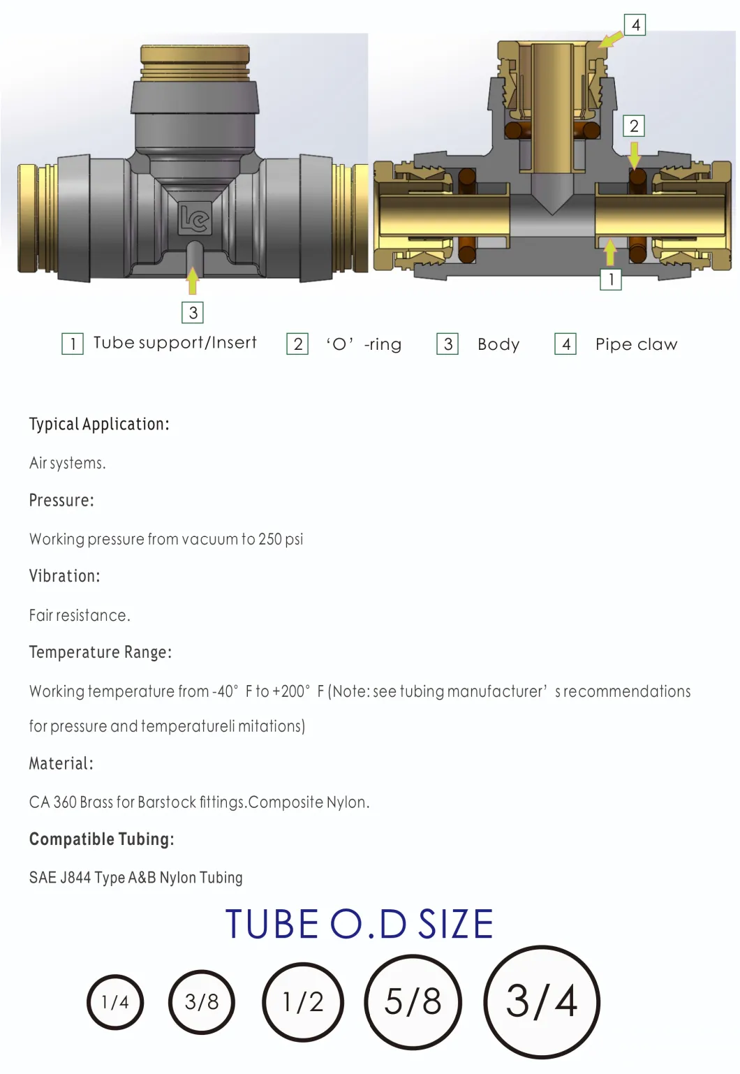 PTC Composite Brass Collect Union Y Male Connector 368 PTC Pneumatic Push-in DOT Fittings