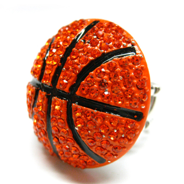 Wholesale Sports Jewelry Large Basketball Brown Rhinestone Charm Stretch Ring
