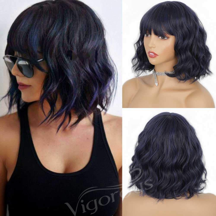 Short Bob Wavy Wigs With Bangs Mixed Navy Blue Curly Wigs For Women Natural Looking Synthetic Heat Resistant Fiber Wig For Daily