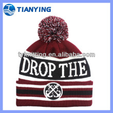 black and white stripe letters with pompom cuff knitting hat