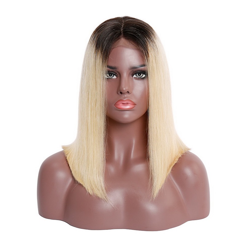 Short Bob 1B613 ombre blonde  lace front human hair wigs with black root, pre plucked wig natural front line with baby hair