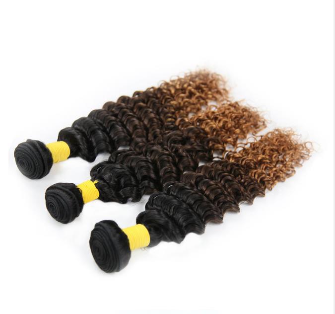 Ombre Brazilian Hair Bundles Deep Wave With Closure, Sew In Human Hair Weave Ombre Hair Weaves Curly
