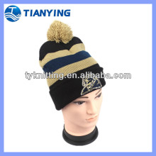 men stripe cuff top ball knitted hat