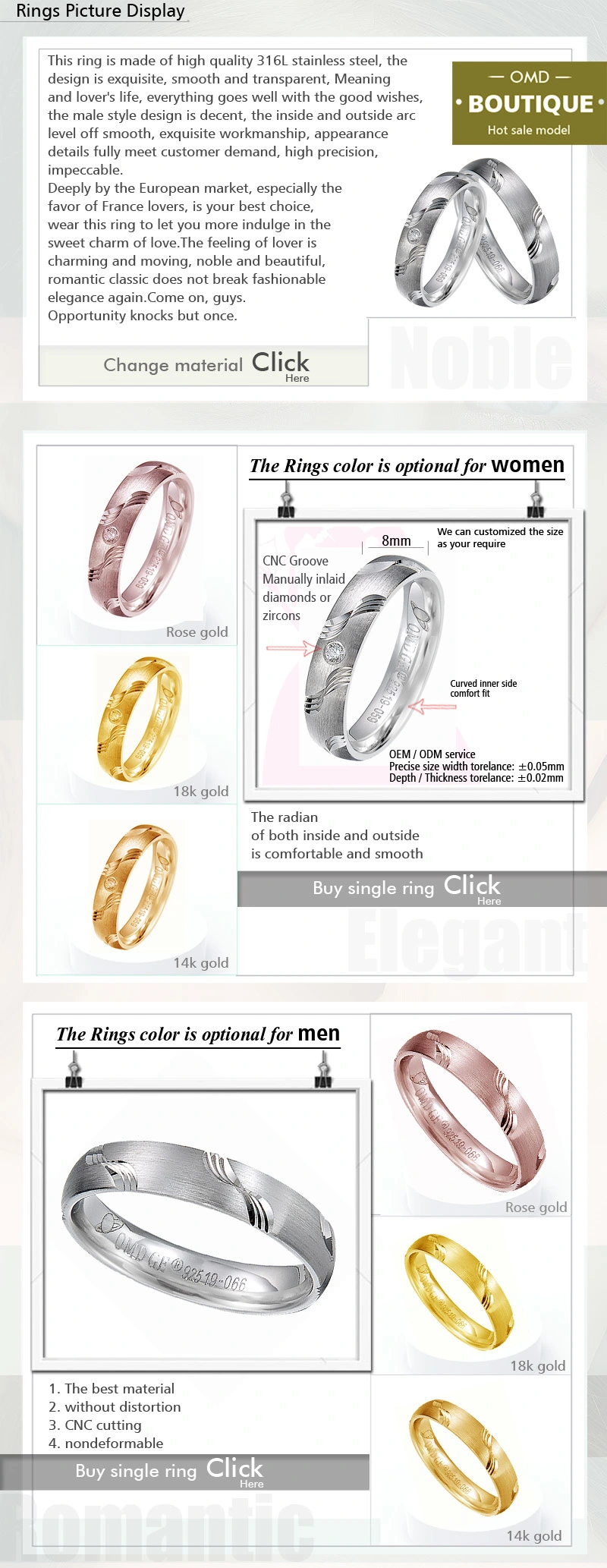 Fashion Design Jewelry Wedding Couple Bands Surgical Steel Ring