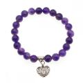 Natural Amethyst Chakra Gemstone 8mm Putaran Beads Mantra Gelang dengan Hati Alloy